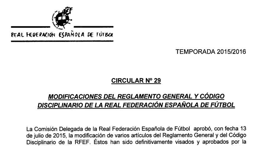 Circular aprobada por la Federación Española de Fútbol en enero de 2016.