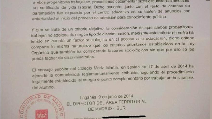 Carta de la Comunidad de Madrid sobre el punto preferente del colegio María Martín de Navalcarnero. 