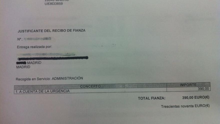 Factura de la fianza que un paciente tuvo que pagar en urgencias del Hospital Universitario Fundación Jiménez Díaz