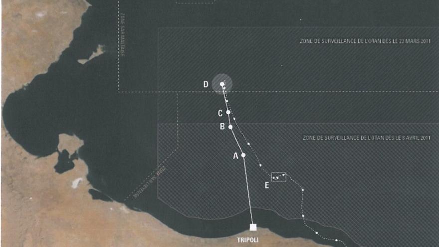 Mapa que indica el trayecto de la patera en la que viajaban 72 personas. Solo sobrevivieron 9. 
