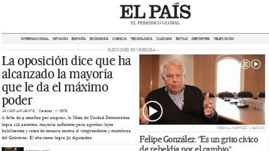 Noticias sobre Venezuela en la página web de El País
