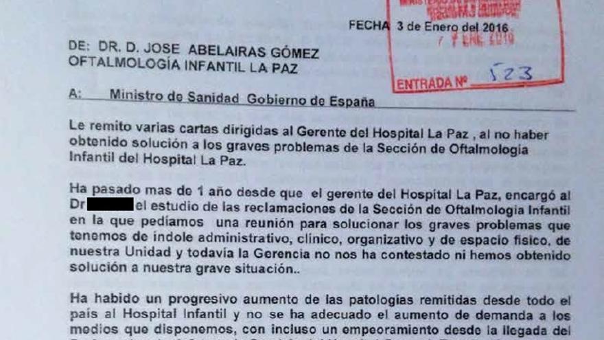 Queja emitida por José Abelairas al Ministerio de Sanidad