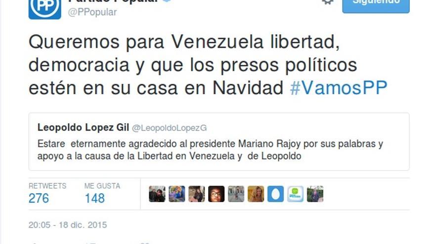 Tuit del Partido Popular sobre Venezuela