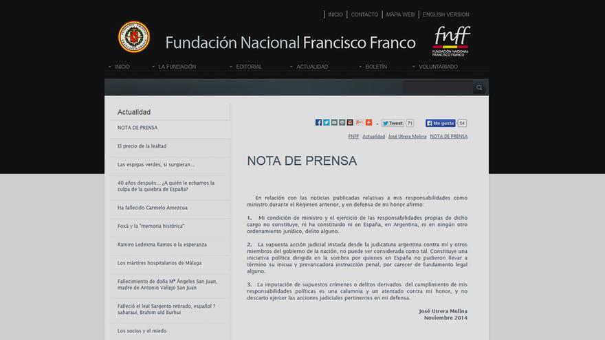 Nota de prensa de Utrera Molina en la web de la Fundación Francisco Franco.