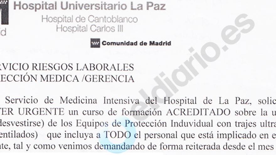 Una de las cartas remitidas por los médicos del Hospital La Paz quejándose por la falta de formación y recursos para tratar el ébola
