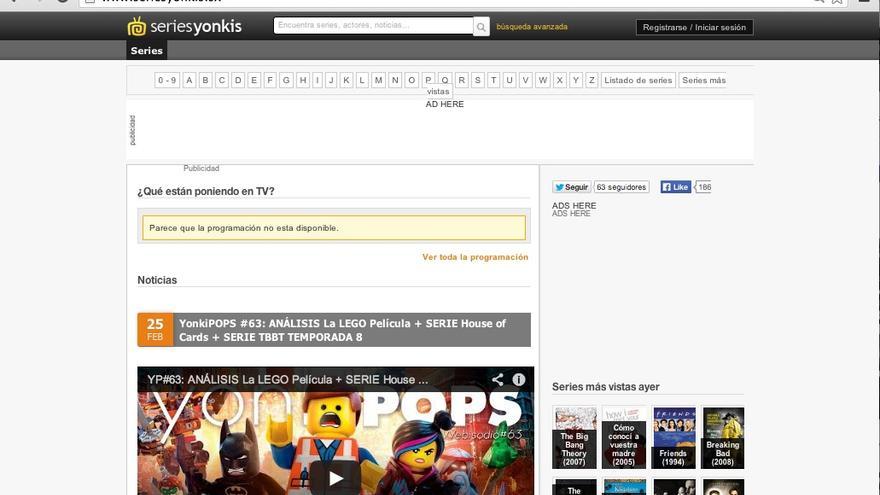 Captura de pantalla de Series Yonkis en su nuevo dominio .sx