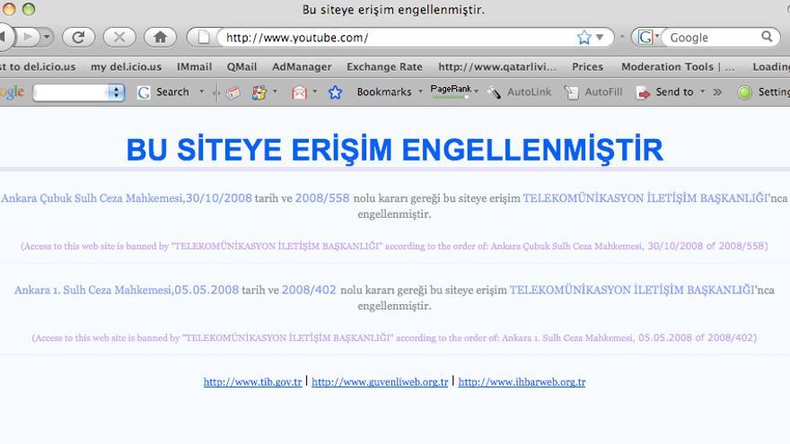 Captura de pantalla del bloqueo de YouTube en Turquía en 2008. 