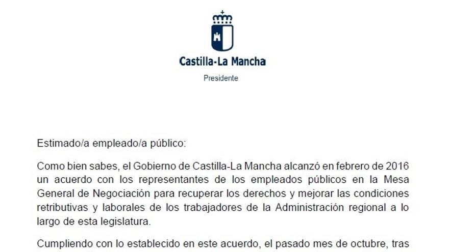 Carta de Emiliano García-Page a los empleados públicos anunciando la total recuperación de retribuciones suprimidas por la 'tasa Cospedal'