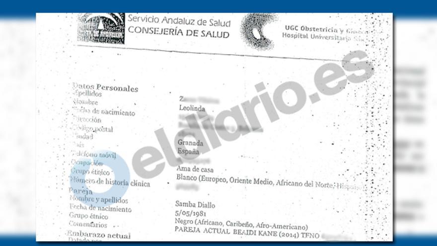 Certificado médico del alta de la pareja de Baidy tras el nacimiento de su hija, en el que aparece el nombre del senegalés.