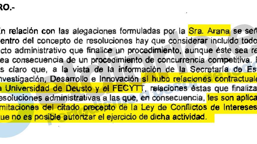 Argumentación de la Oficina de Conflicto de Intereses para negar la compatibilidad a Lourdes Arana para trabajar para la Universidad de Deusto