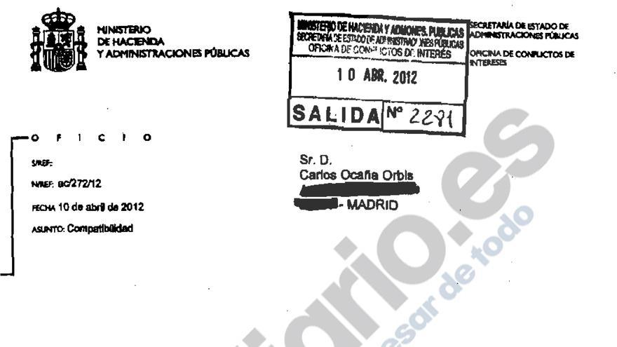 Autorización de la Oficina de Conflicto de Intereses para permitir a Carlos Ocaña trabajar en Endesa