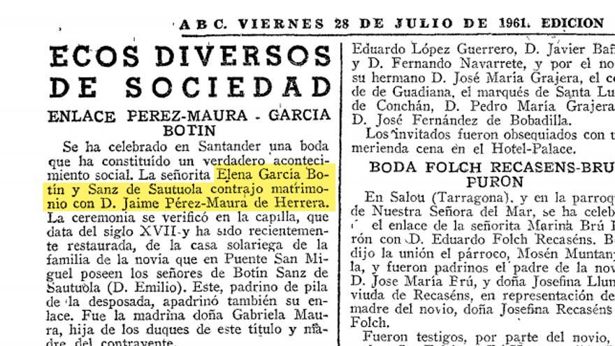 Matrimonio entre Jaime García Maura y Elena García Botín publicado en la sección 'Vida Social' de ABC