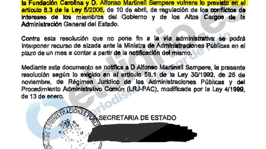 Resolución de la Oficina de Conflicto de Intereses negando la compatibilidad a Alfonso Martinell
