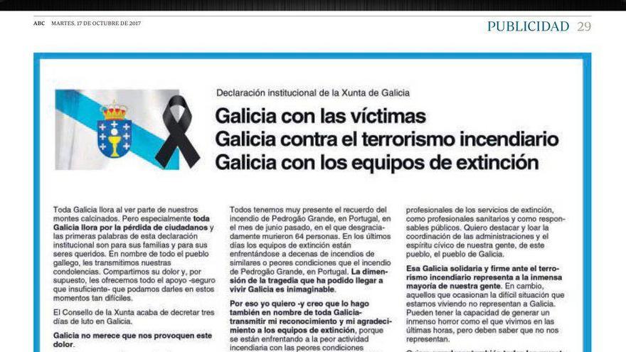 Anuncio publicado por la Xunta en diarios impresos