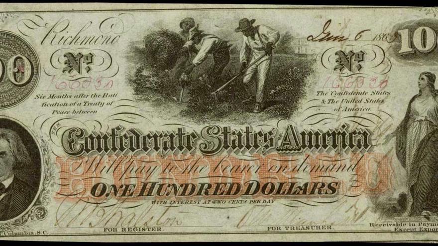 Billete de cien dólares emitido por el Gobierno de la Confederación con la imagen de esclavos trabajando en el campo.