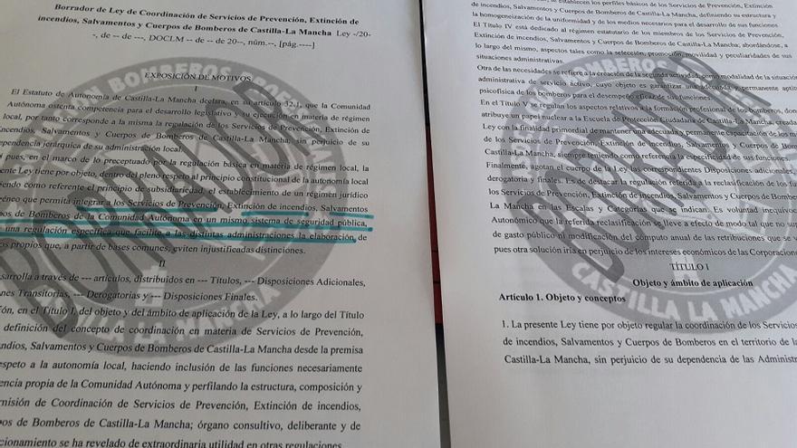 Imagen del borrador de la Ley de Coordinación de Servicios de Prevención, Extinción de incendios, Salvamento y Cuerpos de Bomberos de Castilla-La Mancha.