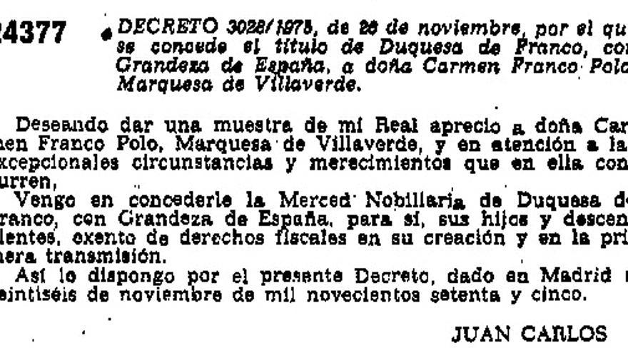 Decreto de 26 de noviembre de 1975 en el que se concede a Carmen Franco el título de Duquesa