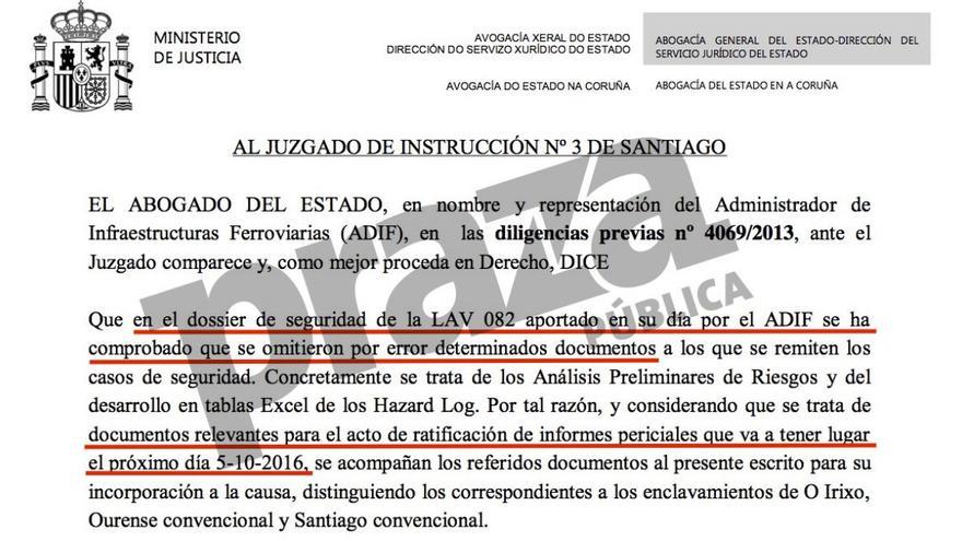Escrito entregado este lunes en el juzgado de Santiago por la Abogacía del Estado en representación de Adif