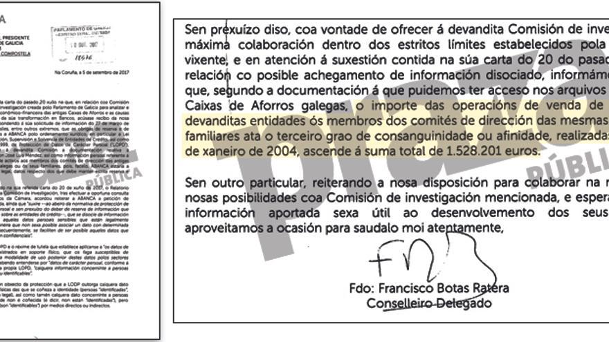 Fragmentos de la carta remitida por Abanca al Parlamento gallego