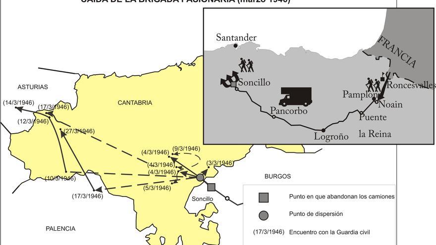 Mapa con el recorrido de la Brigada Pasionaria en 1946. | DESMEMORIADOS