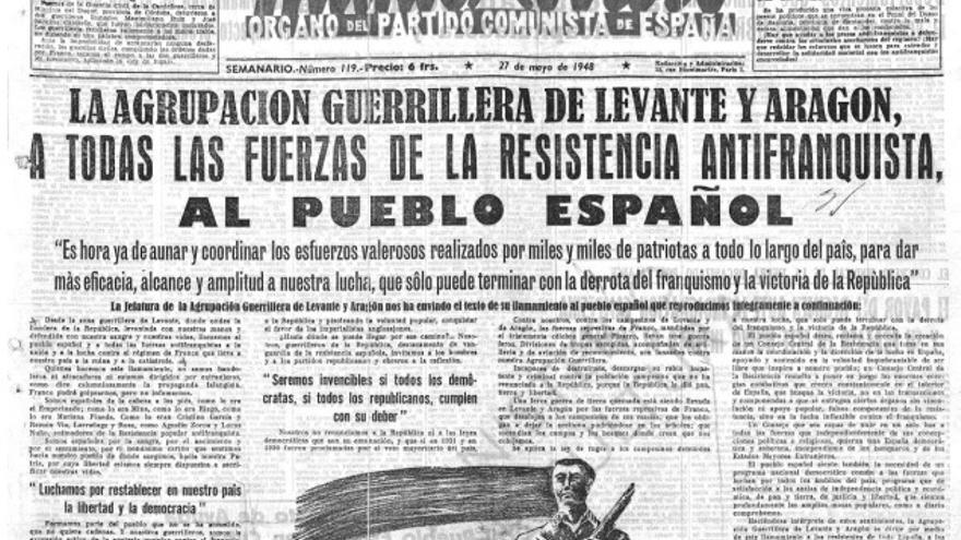 Portada de "Mundo obrero" dedicada a la Agrupación Guerrillera de Levante y Aragón. Imagen cedida por Raül González Devís. 
