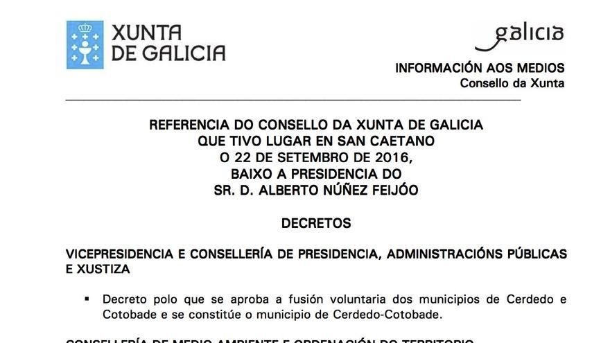 Fragmento de la referencia del Consello da Xunta del 22 de septiembre de 2016