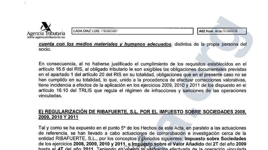 Acta de la Agencia Tributaria a Luis Lada.