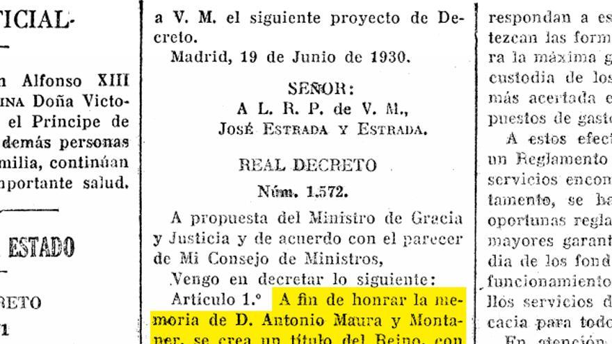 Decreto por el que se concede el Ducado de Maura publicado en la Gazeta de Madrid