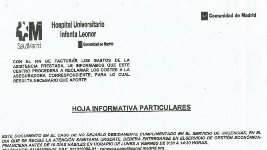El documento que el hospital público Infanta Sofía le dio a Javier avisándole de que tenía que pagar